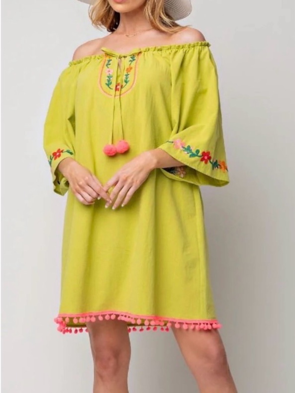 Easel NWT Off-Shoulder Lime Green Pom Pom Dress